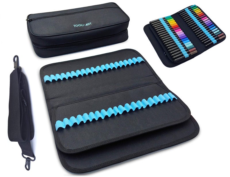 TOOLI-ART Marker & Pen Carrying Case -120 Slots, Canvas, Extra Pockets, Trolley Sleeve, Removable Shoulder Strap, For Most Markers (up to 15mm Diameter), Lipstick, Etc. Black - Image 1